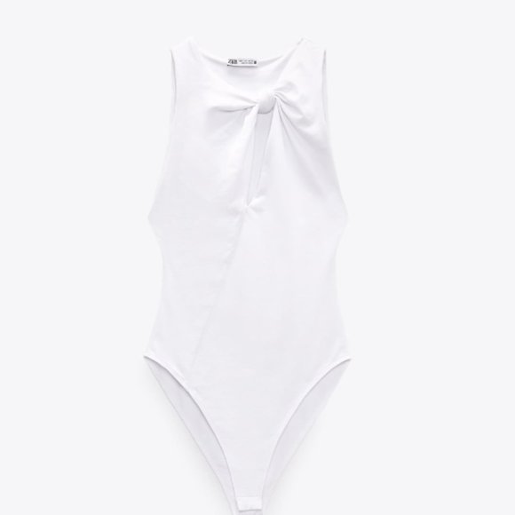 ZARA WHITE SPANDEX STRETCH KNOTTED TWIST KEYHOLE BODYSUIT - Picture 1 of 10